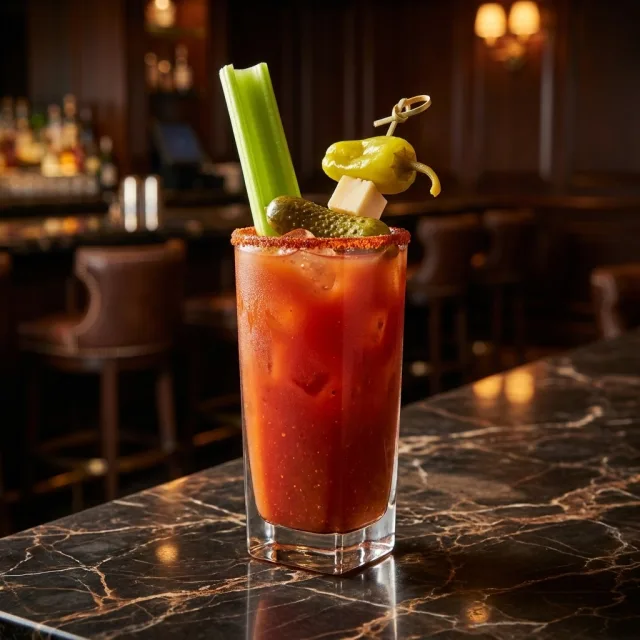 Island Caesar with celery, pickle, and spiced rim