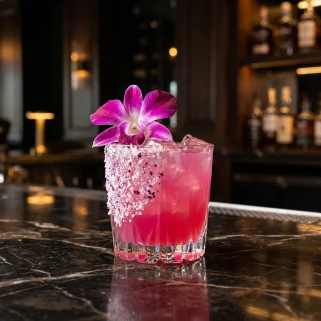 MYSTIC signature cocktail with dragon fruit rim and orchid