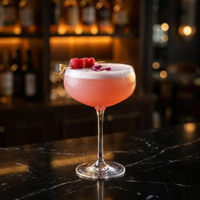 Raspberry lychee martini with raspberry garnish